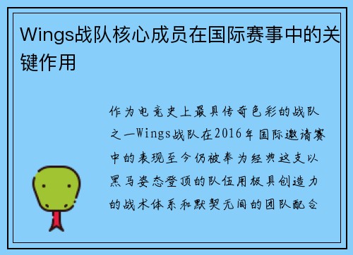 Wings战队核心成员在国际赛事中的关键作用