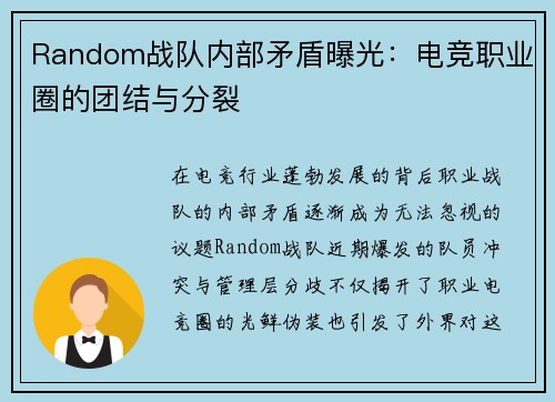 Random战队内部矛盾曝光：电竞职业圈的团结与分裂